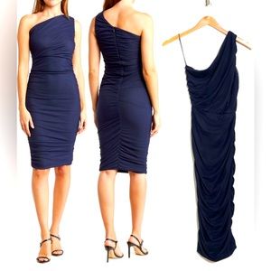 NWT One-Shoulder Navy Body-Con Midi Dress; SMALL